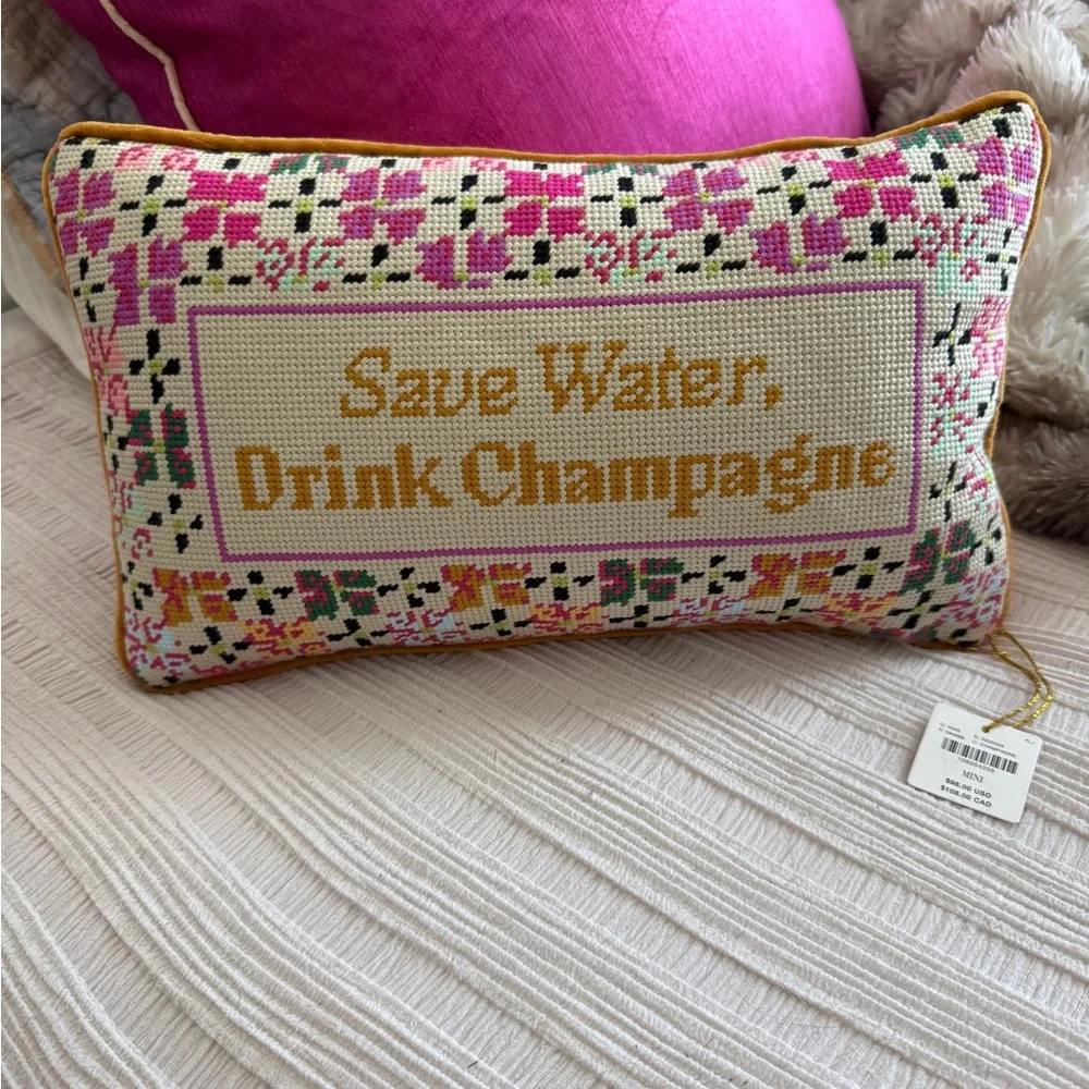 NEW Anthropologie x Furbish Studio- 'Drink Champagne' Needlepoint Pillow, 9x15”